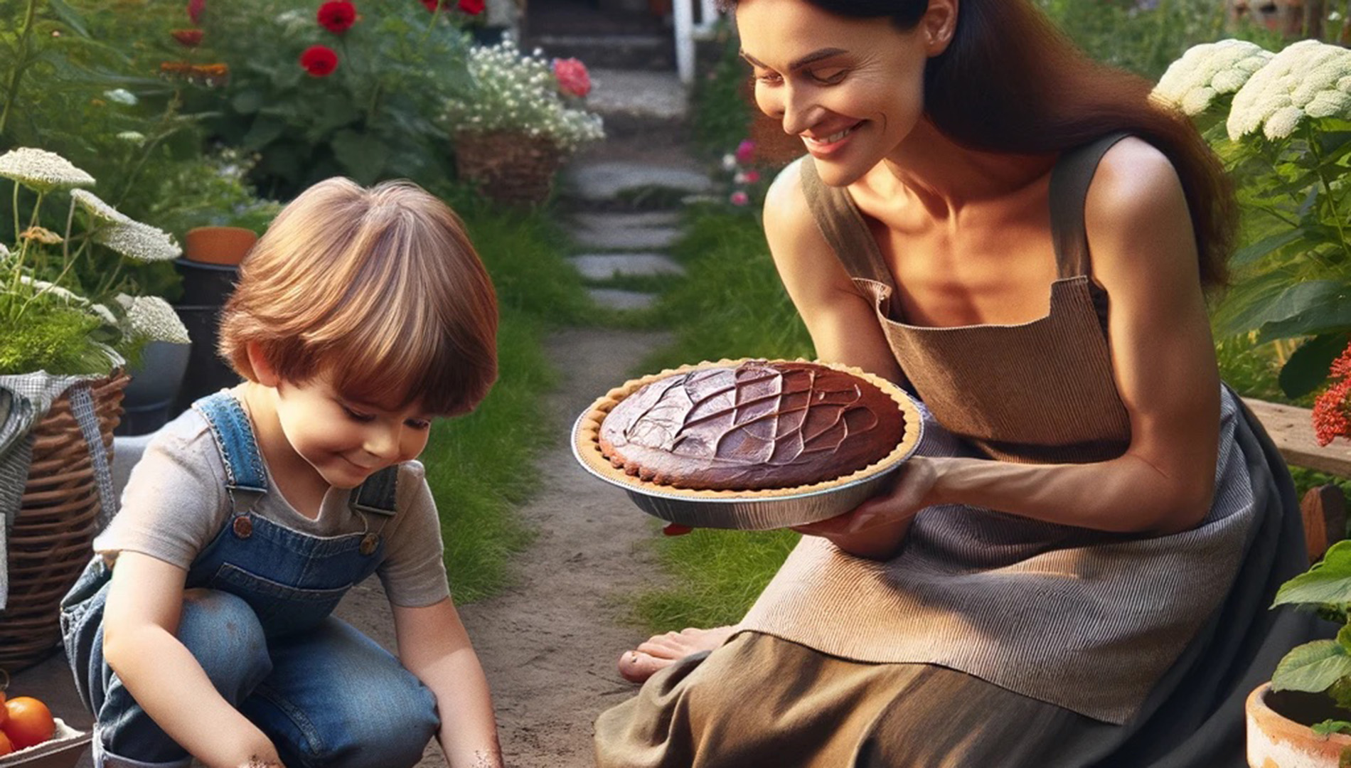 an AI generated image of a woman serving chocolate mud pie to a toddler playing in the mud. Image created by DALL·E 3/OpenAI.