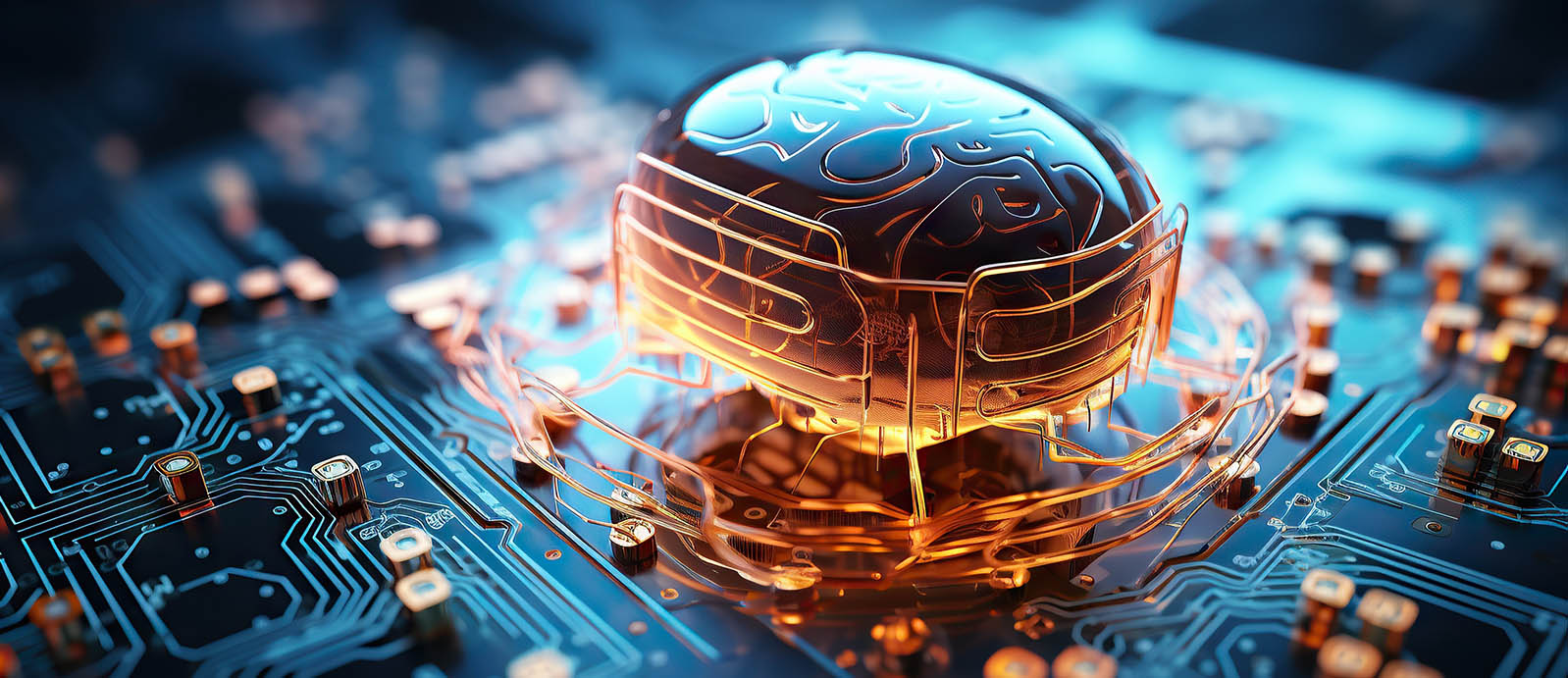 circuit board with metallic brain in a cradle